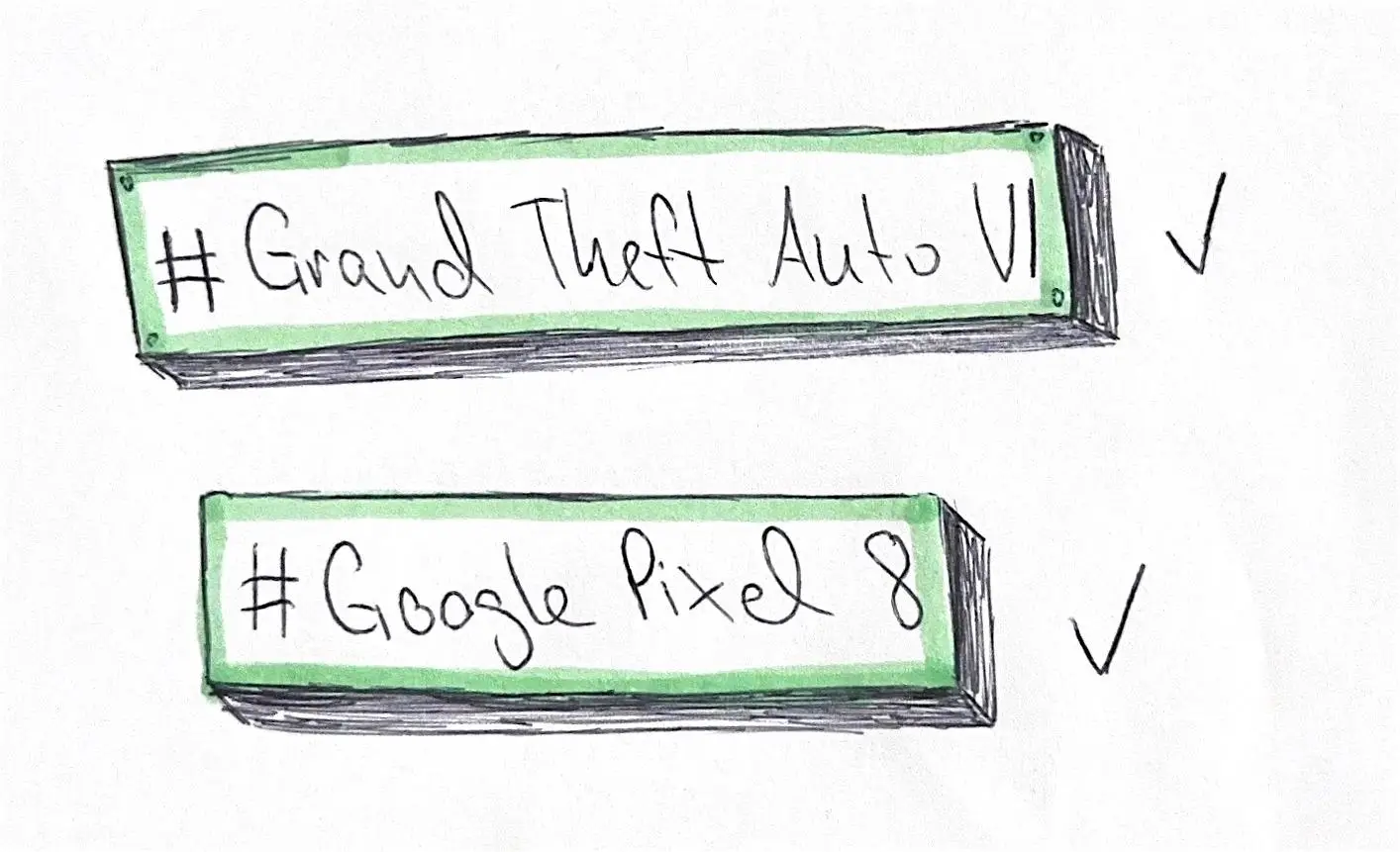 Beispiele: "#Grand Theft Auto VI" gut, "#Google Pixel 8" gut