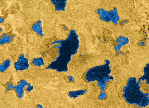 Seen flüssigen Kohlenwasserstoffs (Erdgas) auf dem Saturnmond Titan.  - (Physik, Erde)