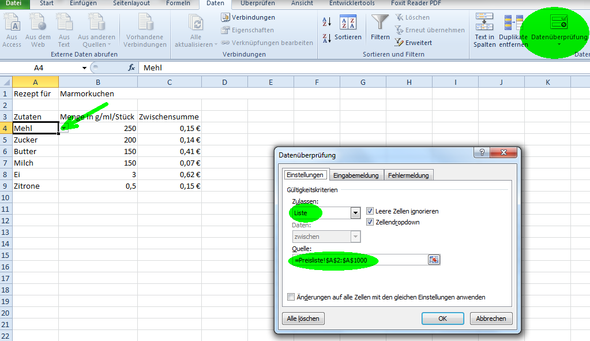 Auswahlmenü - Datenüberprüfung - (Microsoft Excel, Tabelle, Kalkulation)