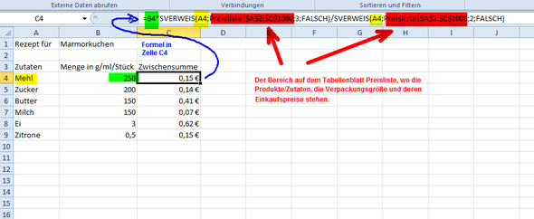 Zwischensumme pro Zutat und Menge - (Microsoft Excel, Tabelle, Kalkulation)