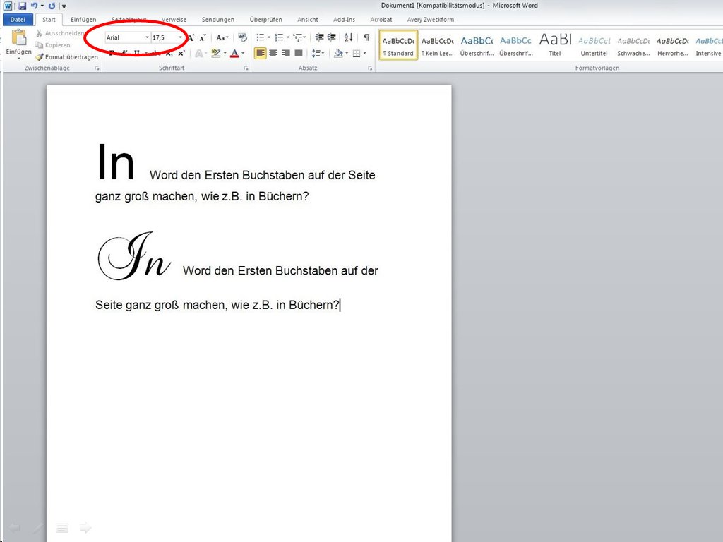 In Word den Ersten Buchstaben auf der Seite ganz groß machen, wie z.B. in Büchern? (PC, deutsch