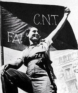 Die linke Faust und durchgestreckt, vor einer anarchistischen Flagge. - (Geschichte, Anarchismus, Spanische Revolution)