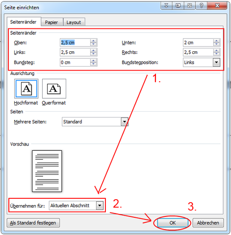 Hier kannst du deinen Seitenrand für den aktuellen Abschnitt einrichten. - (Computer, Microsoft, Microsoft Word)