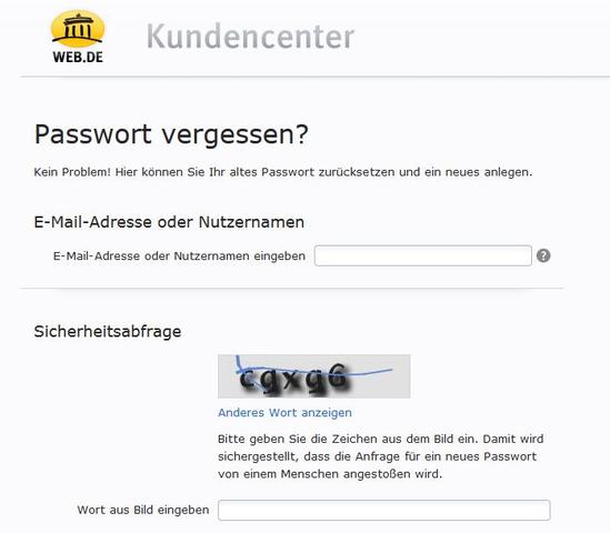 Bild 1 - (web.de, passwort vergessen, sicherheitsfrage)