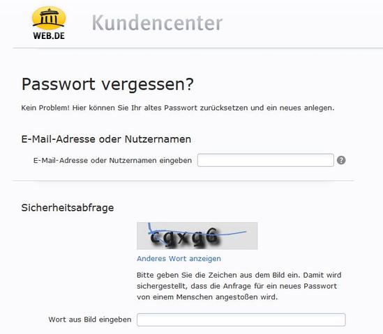 Bild 1 - (web.de, Passwort vergessen, Sicherheitsfrage)