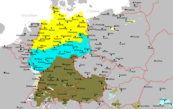 Gelb=Niederdeutsch, Blau=Mitteldeutsch, Dunkelgrün=Oberdeutsch - (Sprache, Definition, Dialekt)