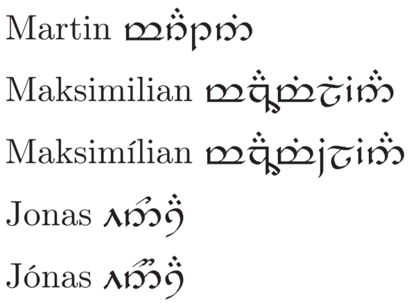 Martin, Maximilian und Jonas in Tengwar (Sindarin-Modus) - (Sprache, Übersetzung, Schriftart)