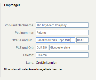 Adresse Großbritannien Adresse Großbritannien