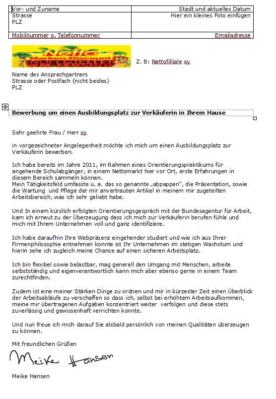 Bewerbung um Ausbildungsplatz zur Verkäuferin (Ausbildung, Anschreiben)