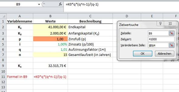 Zielwertsuche Excel bei einer Geldanlage (Computer, Mathe ...
