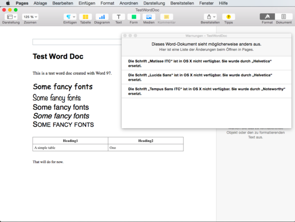 Eine Word-Test-Datei in Apples "Pages" - (Apple, Microsoft Excel, Microsoft Word)