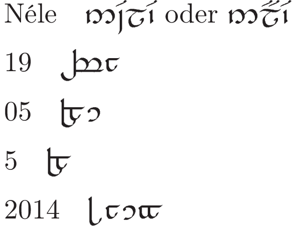 Nele in elbischen Buchstaben (Tengwar). - (Name, Datum, elbisch)