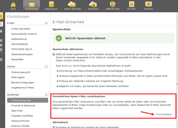 bei web.de Spam-Filter zurücksetzen  - (E-Mail, Account, Web)