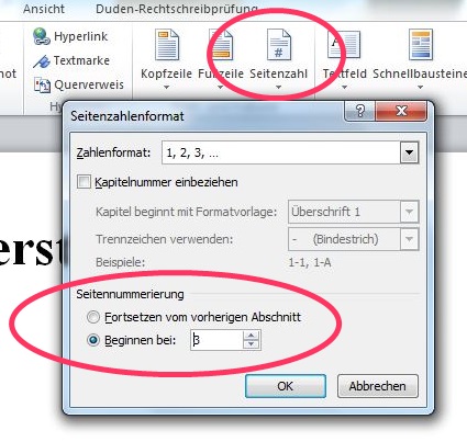 Word 2010: Seitenzahlen erst ab Seite 3 (Facharbeit)