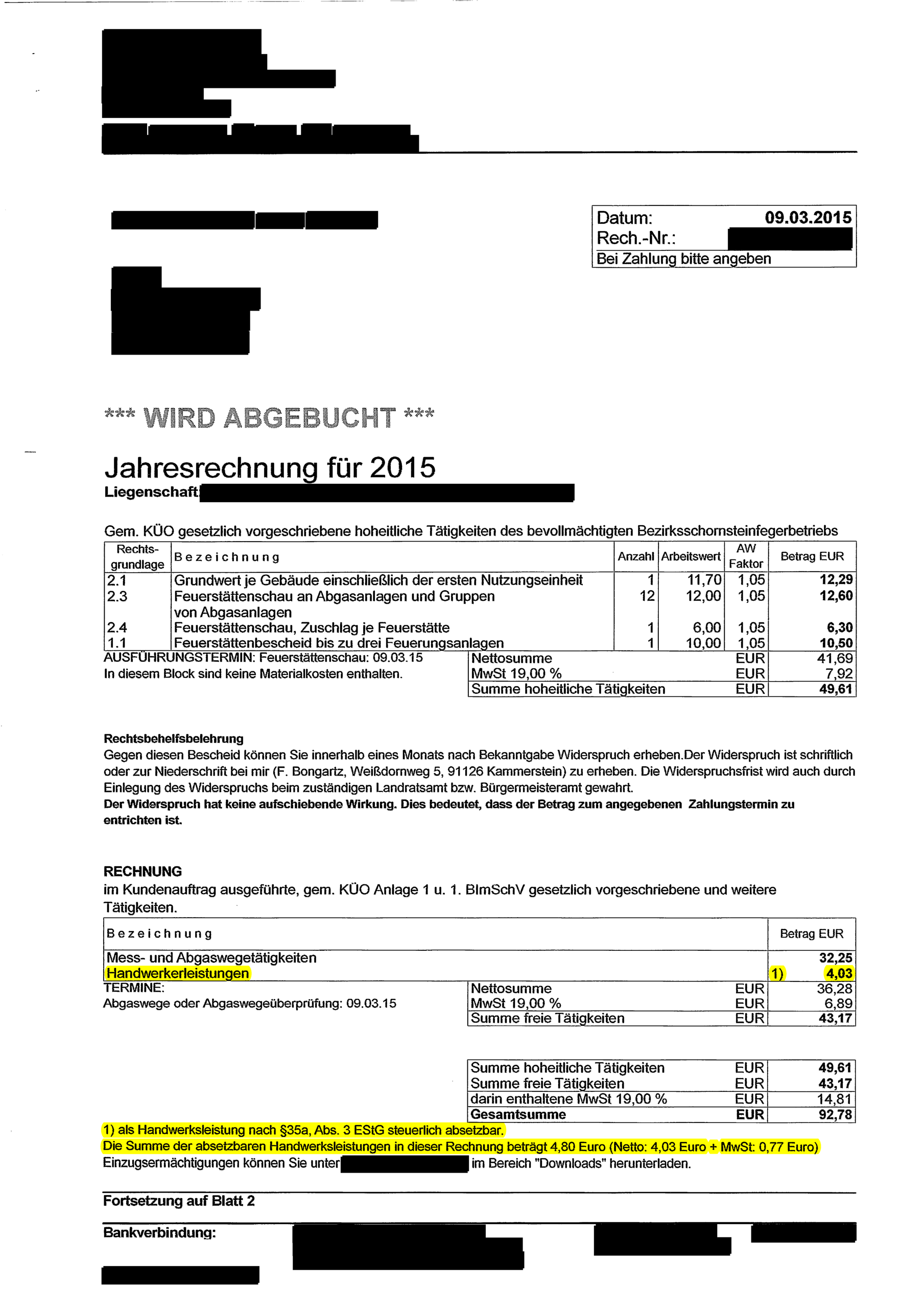 Handwerkerrechnung von der Steuer absetzen Nebenkosten (Einkommensteuer)