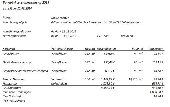 Beispiel Betriebskostenabrechnung - (Miete, Mietvertrag, Nebenkostenabrechnung)