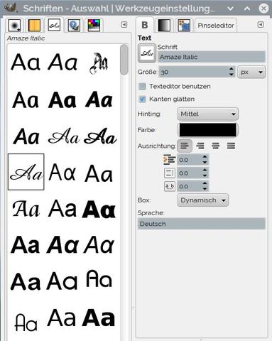 Schriftauswahldialog von Gimp + Werkzeugeinstellungen zum Texttool - (Schrift, Schriftart, GIMP)