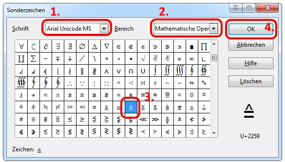 Weiß jemand wie man bei Open Office das Zeichen
