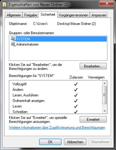 Sicherheit und Berechtigung - (Windows 7, versteckter Ordner)
