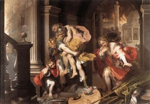 Aeneas flieht aus dem brennenden troja moit seinem Vater auf der Schulter von Federico Barocci 1598 - (Geschichte, Mythologie)