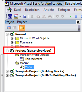 Bild 1 | Projektexplorer im VB-Bereich - (Microsoft Word, Formular, Kontrollkästchen)