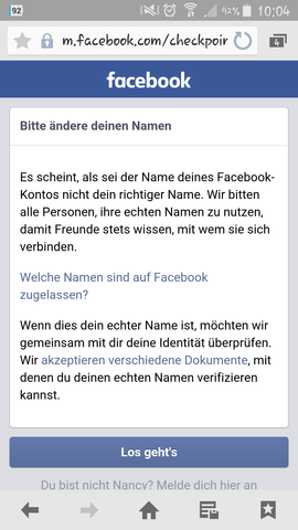 das kommt gleich wenn ich mich einloggen will - (Facebook, Namen, Support)
