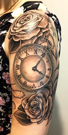 clock + roses by Noa  - (Tattoo, Unterarm)