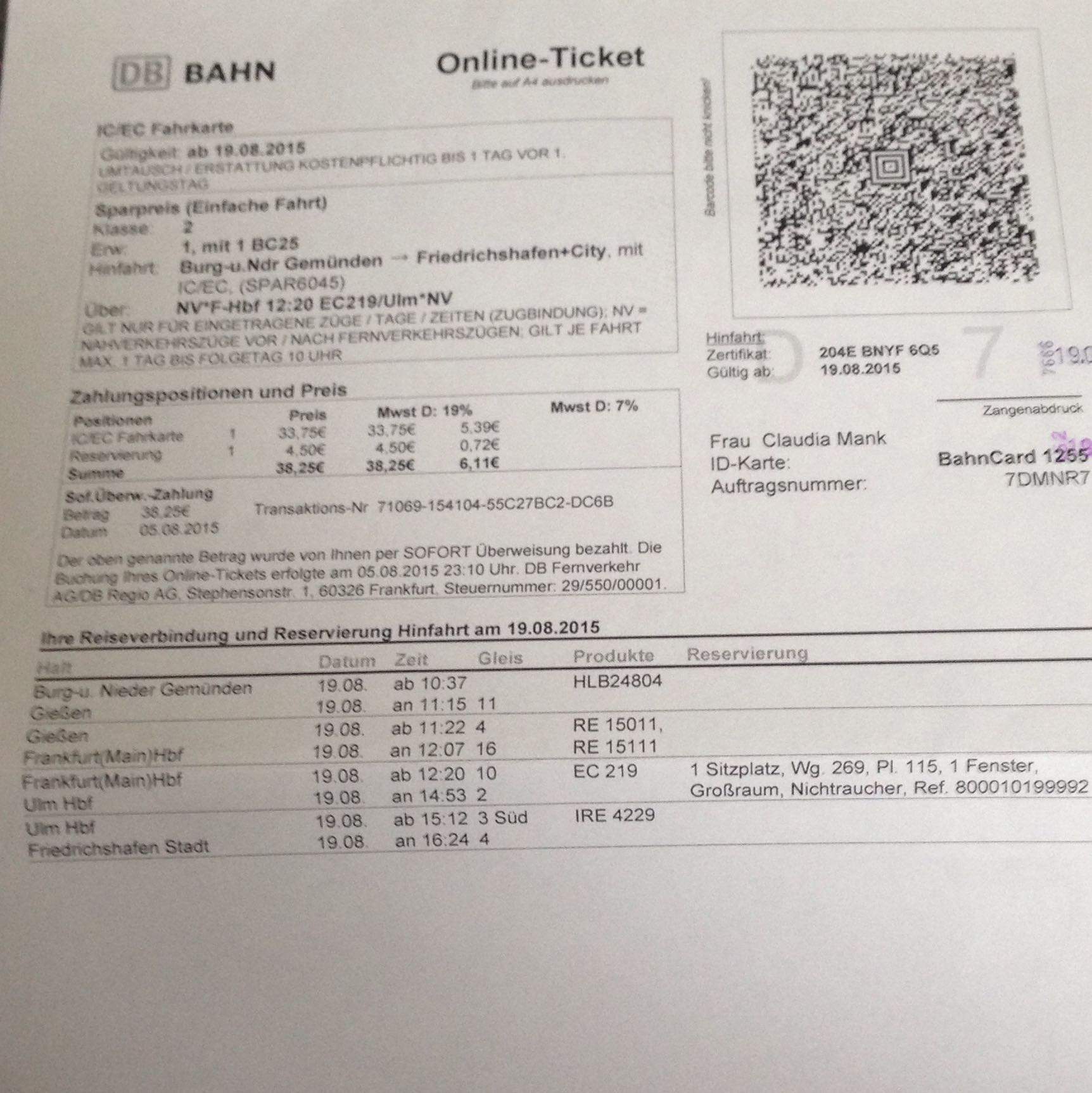 Wenn ich mir ein Sparangebot bei der deutschen Bahn online kaufe, kann