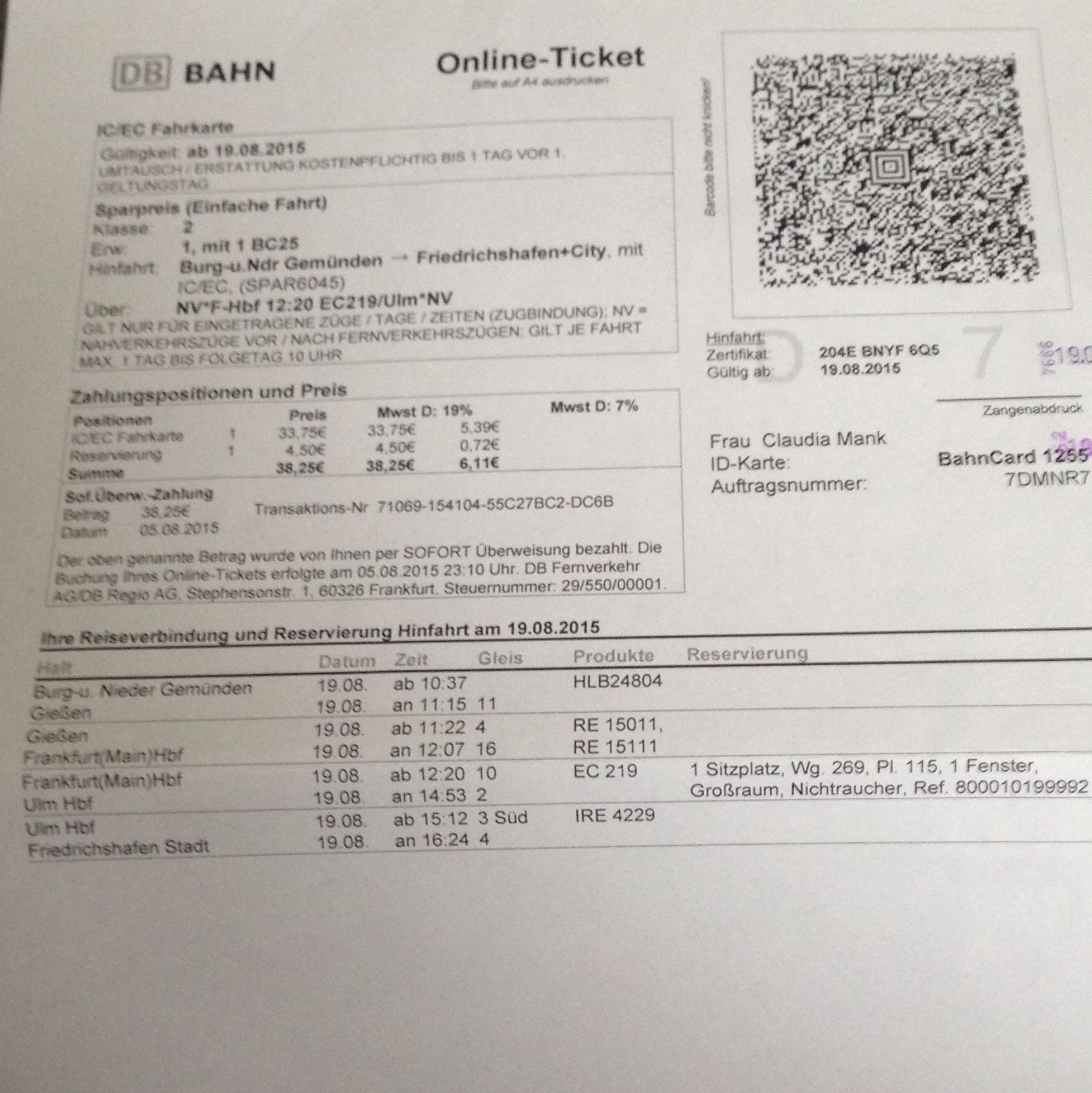 Wenn ich mir ein Sparangebot bei der deutschen Bahn online kaufe, kann