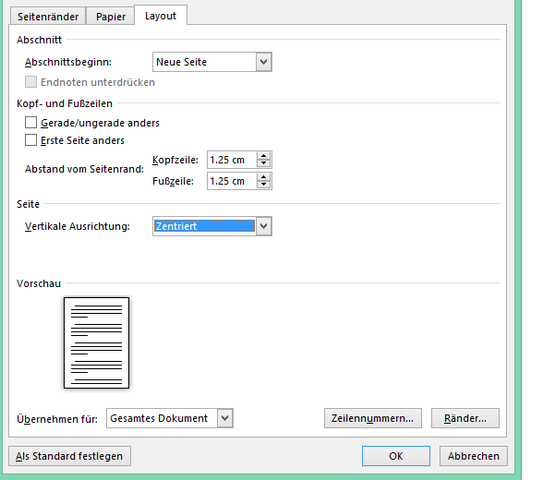 Dann bei Layout bei der Option Vertikale Ausrichtung Zentriert wählen - (Microsoft, Drucker, Microsoft Word)