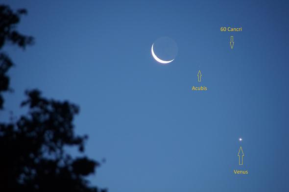 Mondsichel bei Venus und zwei Sternen des Sternbild Krebs - (Fotografie, Astronomie, Astrofotografie)
