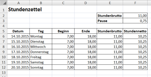 Stundenzettel In Excel Mit Dezimalzahlen Office