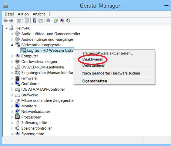 Bild 1, Gerätemanager, Webcam deaktivieren. - (Computer, PC, Internet)