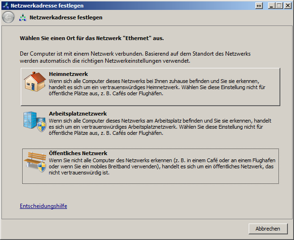 Auswahl der Netzwerkart - (Windows 7, Surfstick)