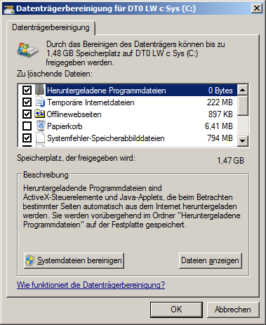 Integrierte Datenträgerbereinigung (Eigenschaften/Bereinigen) - (Windows 7, Speicherplatz)