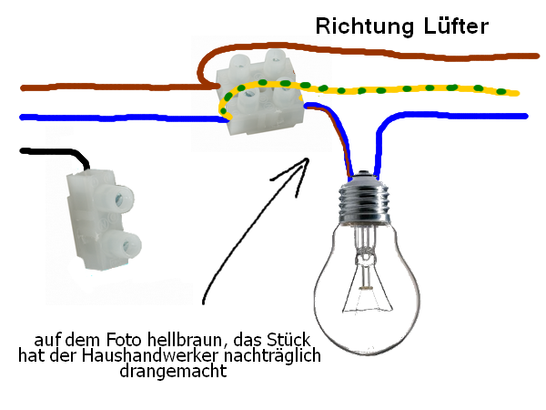 Wie schließe ich im Bad mit nachlaufendem Lüfter eine Lampe an (rot