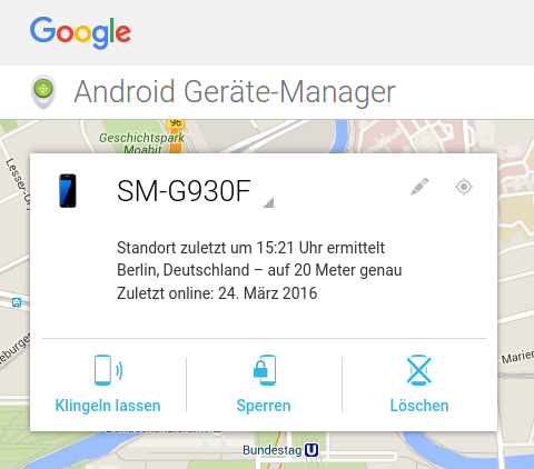 Mein S7 im Device Manager: Klick auf »Löschen« würde es zurücksetzen. - (Handy, Recht, Smartphone)