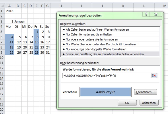 Mo und Fr Hintergrund blau - (Informatik, Excel)