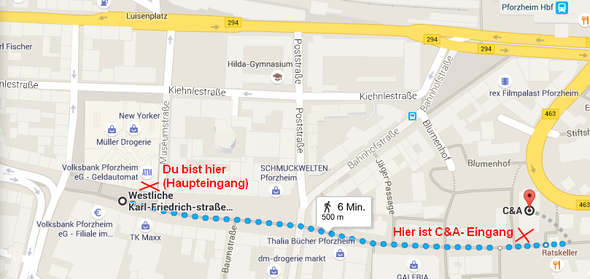 Route vom Schlössle Galerie zu C&A - (shoppen, Pforzheim, ca.)