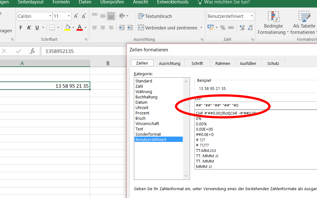 Leerzeichen alle 2 Stellen einfügen bei einer sehr großen Zahl? (Microsoft Excel)