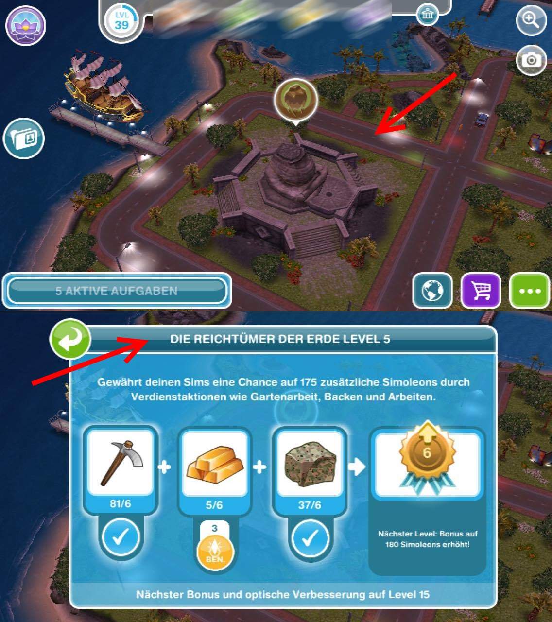 Wie ich bei Sims Freeplay „Reichtümer der Erde“ auf Level 1 verbessern