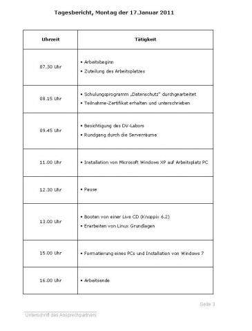 Wie kann ich ein Tabellarischen Tagesbericht schreiben¿ (Praktikum)
