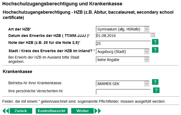 Onlinebewerbungsmaske - (Versicherung, Immatrikulation)