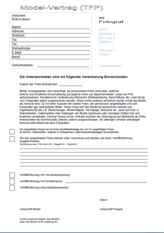 Tfp Vertrag Zwischen Model Fotograf Und Visa
