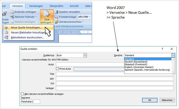 Word 2007 Verweise/Quelle > Sprache ändern - (Microsoft Word, Zitat, harvard)