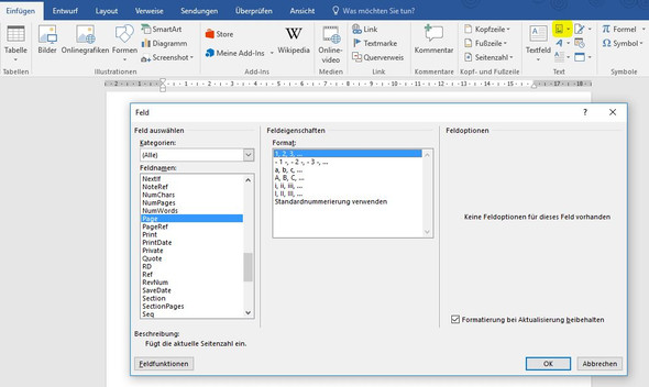 Feldfunktion mit Seitenzahl - (Computer, Microsoft Word)