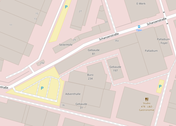 Palladium Parkplätze (Quelle: OpenStreetMap) - (Musik, Konzert, Köln)