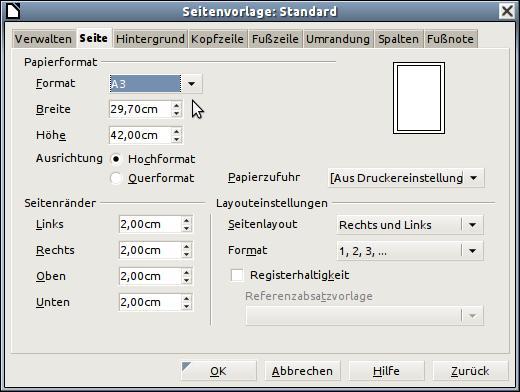 LibreOffice Dialog zum Seitenformat - (OpenOffice, A3)