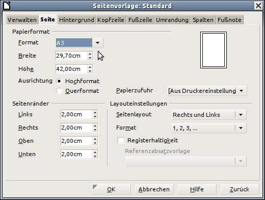 wie erstelle ich ein A3 Textdokument bei OpenOffice?