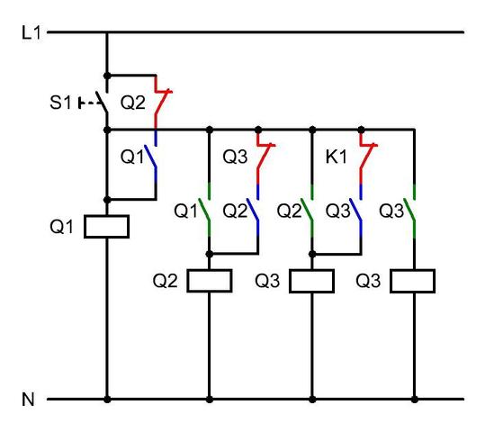 Ein Taster, drei Schaltzustände (Schaltung, Schütz)